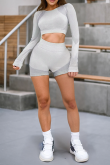  Light Grey Textured Crop Top And High Waist Shorts Sports Set