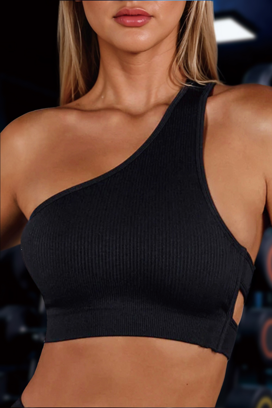 Ribbed One-shoulder Cut out Backless Sports Bra