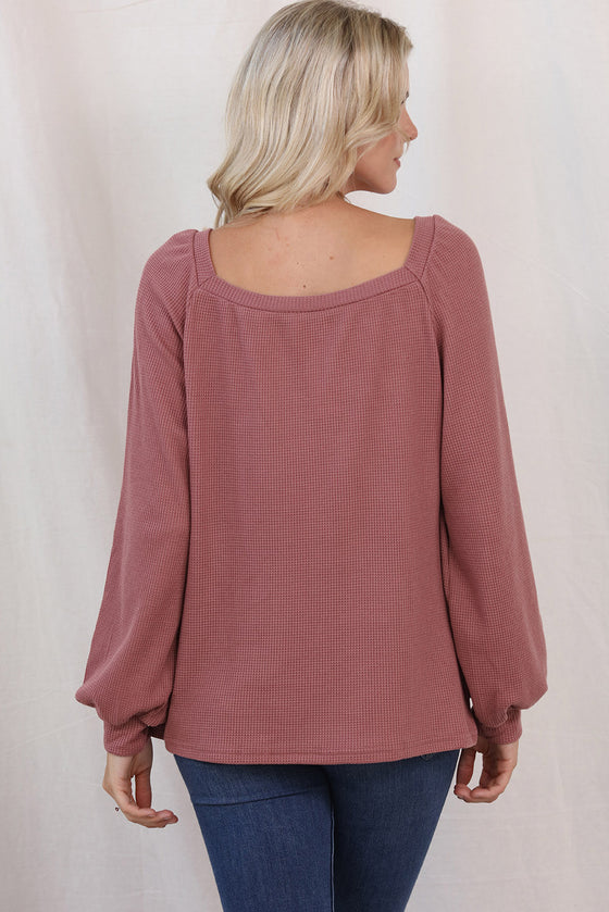 SQUARE NECK PUFF SLEEVE WAFFLE KNIT TOP