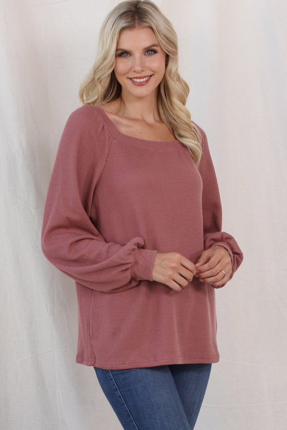 SQUARE NECK PUFF SLEEVE WAFFLE KNIT TOP