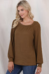 BROWN SCOOP NECK PUFF SLEEVE WAFFLE KNIT TOP