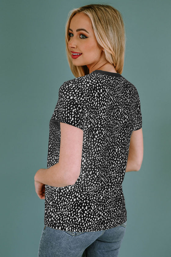 PACK25218993-2-2, Black Cheetah Print O-neck Short Sleeve T Shirt