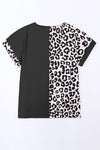 PACK25120368-2-1, Black Half Leopard Patchwork Short Sleeves Top