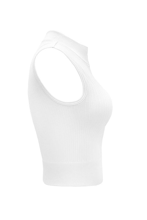 LC264376-1-S, LC264376-1-M, LC264376-1-L, PACK264376-1-1, PACK264376-1-4, White  Solid Color Zip Up Sleeveless Active Crop Top