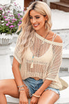 PACK277006-18-1, PACK277006-18-2, Apricot Fishnet Knit Ribbed Round Neck Short Sleeve Sweater Tee