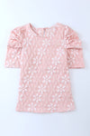PACK25119995-10-1, Pink Floral Lace Ruched Bubble Sleeve Top