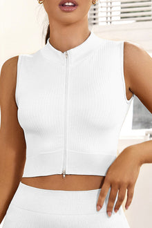  LC264376-1-S, LC264376-1-M, LC264376-1-L, PACK264376-1-1, PACK264376-1-4, White  Solid Color Zip Up Sleeveless Active Crop Top