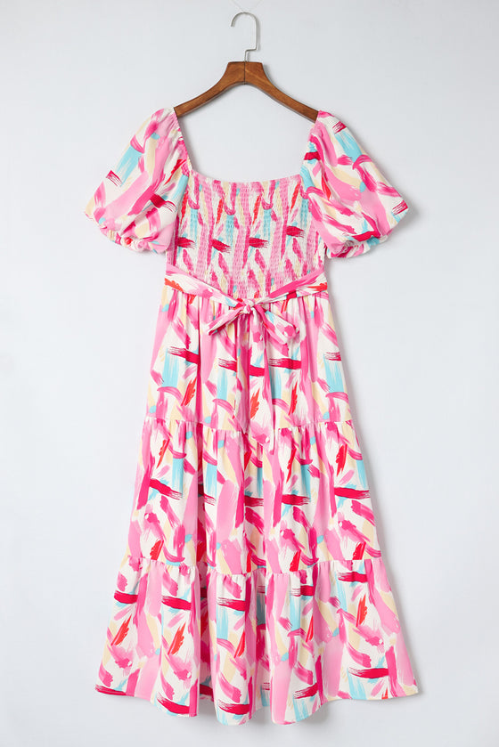 PACK6115787-10-1, Pink Brush Stroke Printed Smocked Ruffle Tiered Dress