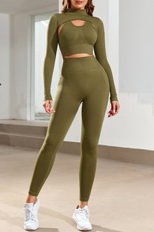  LC264430-9-S, LC264430-9-M, LC264430-9-L, PACK264430-9-1, Green  Mock Neck Cropped High Waist Three Piece Yoga Set
