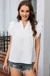 PACK25121803-1-1, White Ruffle Accent Flutter Sleeve Notch Neck Top
