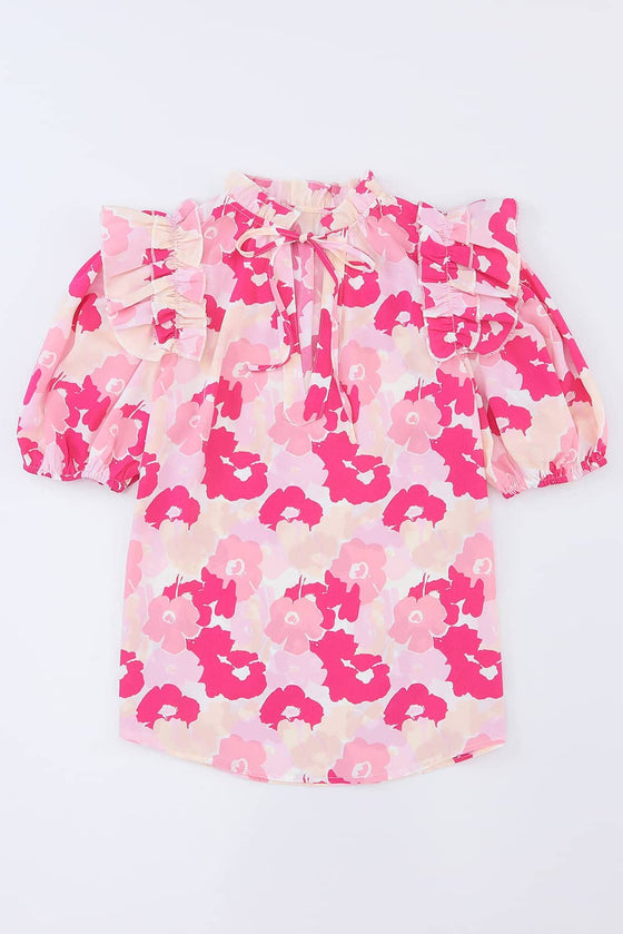 PACK25121170-10-1, Pink Split Neck Ruffled Puff Sleeves Floral Top