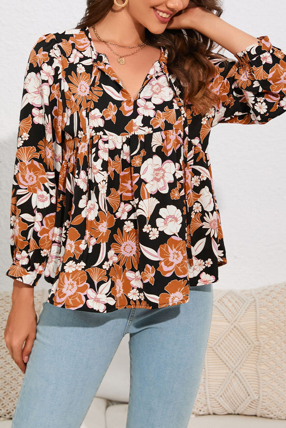 PACK25121883-17-1, Brown Floral Print 3/4 Sleeve Babydoll Blouse