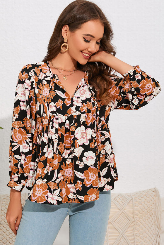 PACK25121883-17-1, Brown Floral Print 3/4 Sleeve Babydoll Blouse