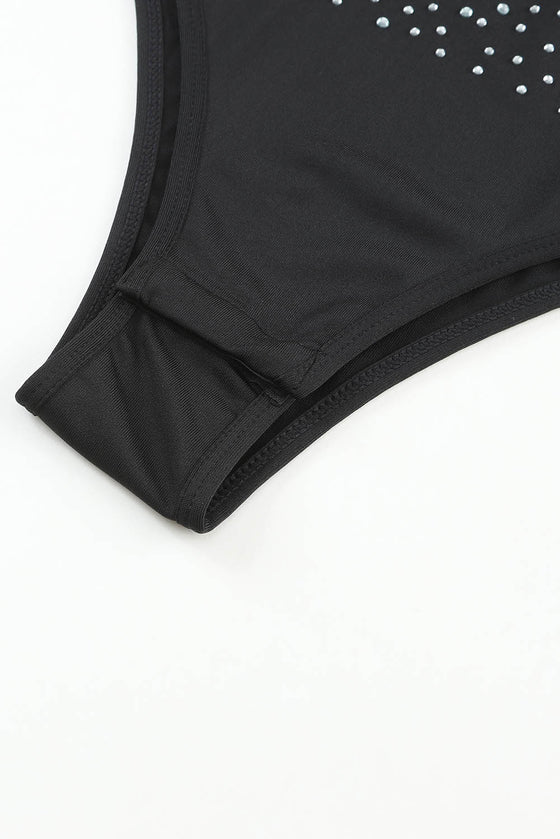 PACK6421365-2-1, Black Rhinestone Allover Round Neck Short Sleeve Bodysuit
