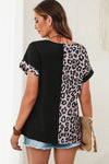 PACK25120368-2-1, Black Half Leopard Patchwork Short Sleeves Top