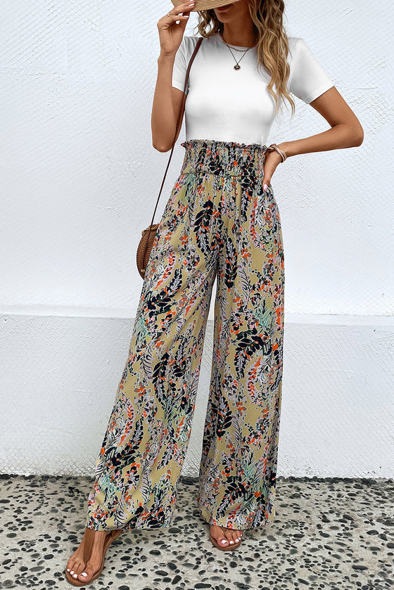 PACK7711405-22-1, Multicolor Floral Print Shirred High Waist Wide Leg Casual Pants