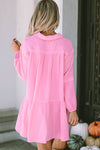 PACK6116574-10-1, Pink Turn-down Neck Textured Bubble Sleeve Dress