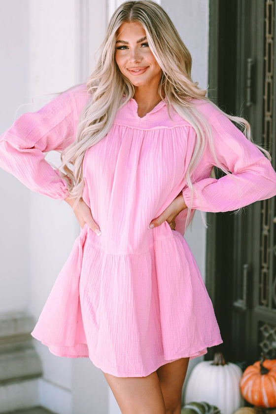 PACK6116574-10-1, Pink Turn-down Neck Textured Bubble Sleeve Dress