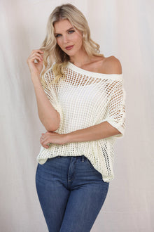  PACK277006-1-2, White Fishnet Knit Ribbed Round Neck Short Sleeve Sweater Tee