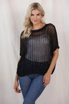 PACK277006-2-2, Black Fishnet Knit Ribbed Round Neck Short Sleeve Sweater Tee