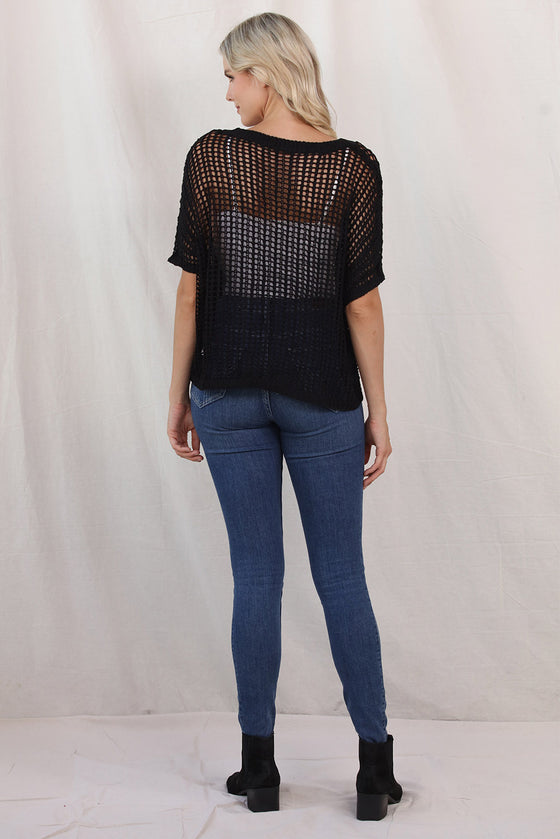 PACK277006-2-2, Black Fishnet Knit Ribbed Round Neck Short Sleeve Sweater Tee