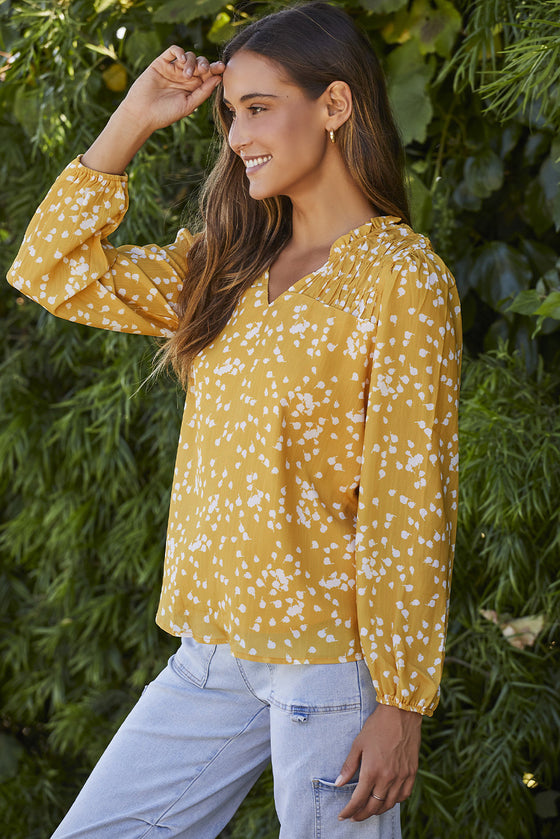 PACK25117535-7-1, Yellow Split Neck Fall Printed Crinkled Blouse