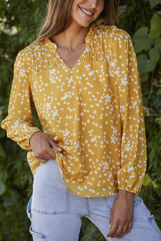 PACK25117535-7-1, Yellow Split Neck Fall Printed Crinkled Blouse