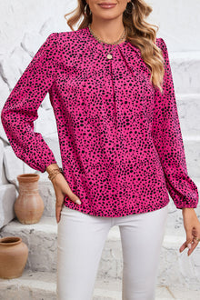  PACK25122357-6-1, Rose Leopard Print Pleated Blouse with Keyhole