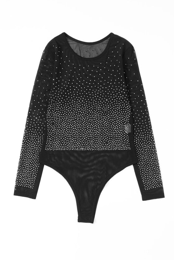 PACK6421555-2-1, Black Rhinestone Embellished Mesh Long Sleeve Bodysuit