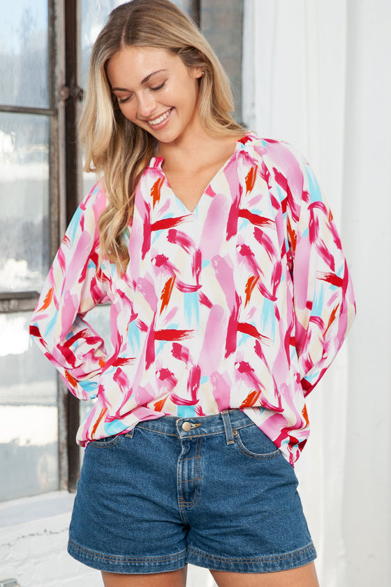 PACK25122565-10-1, Pink Abstract Brush Print Loose Fit Blouse