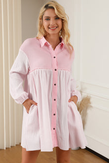  PACK6117009-10-1, Pink Patchwork Crinkle Puff Sleeve Shirt Dress