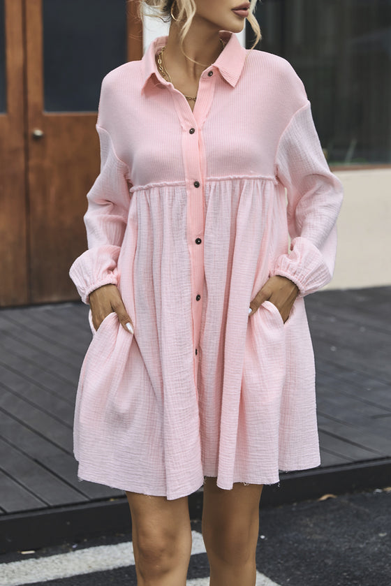 PACK6117009-10-1, Pink Patchwork Crinkle Puff Sleeve Shirt Dress