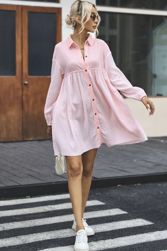 PACK6117009-10-1, Pink Patchwork Crinkle Puff Sleeve Shirt Dress