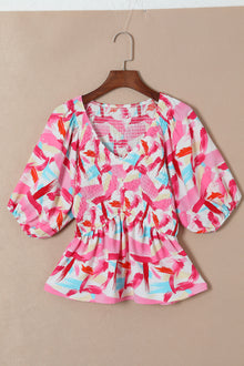  PACK25121396-1010-1, Pink Boho Flower Print Puff Sleeve Peplum Top