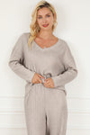 PACK625308-P16-2, Khaki Ribbed Knit V Neck Slouchy Two-Piece Outfit