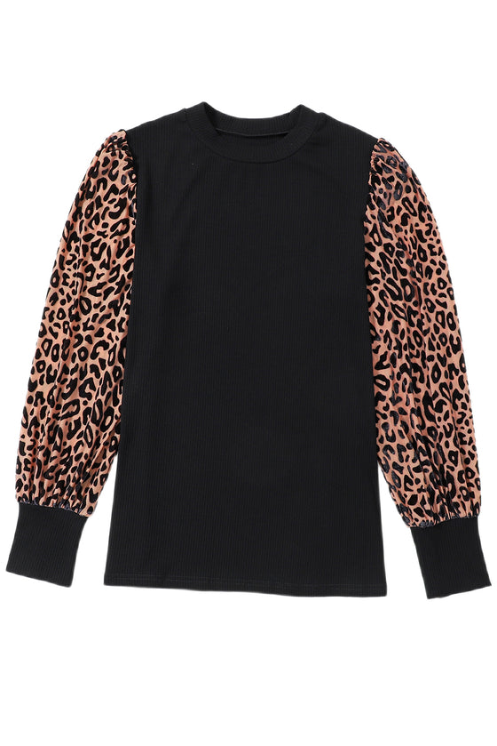 PACK25123292-2-1, PACK25123292-2-2, Black Leopard Print Long Sleeve Ribbed Knit Blouse