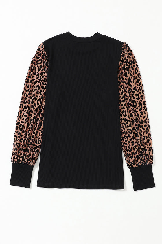 PACK25123292-2-1, PACK25123292-2-2, Black Leopard Print Long Sleeve Ribbed Knit Blouse