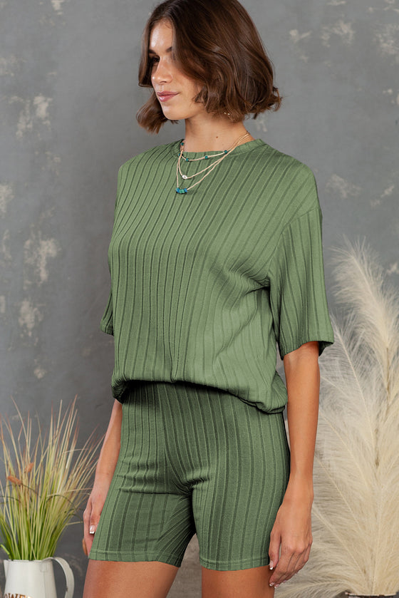 PACK625120-9-1, Green Plain Ribbed Loose Fit Two Piece Lounge Set