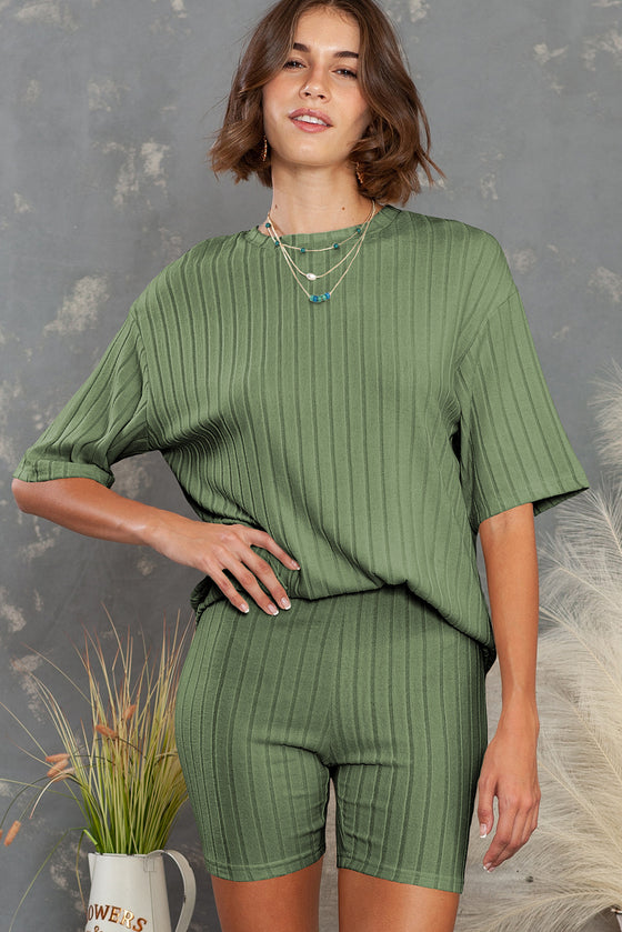 PACK625120-9-1, Green Plain Ribbed Loose Fit Two Piece Lounge Set