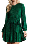 PACK6116657-9-1, Green Tie Waist Crinkle Velvet Dress