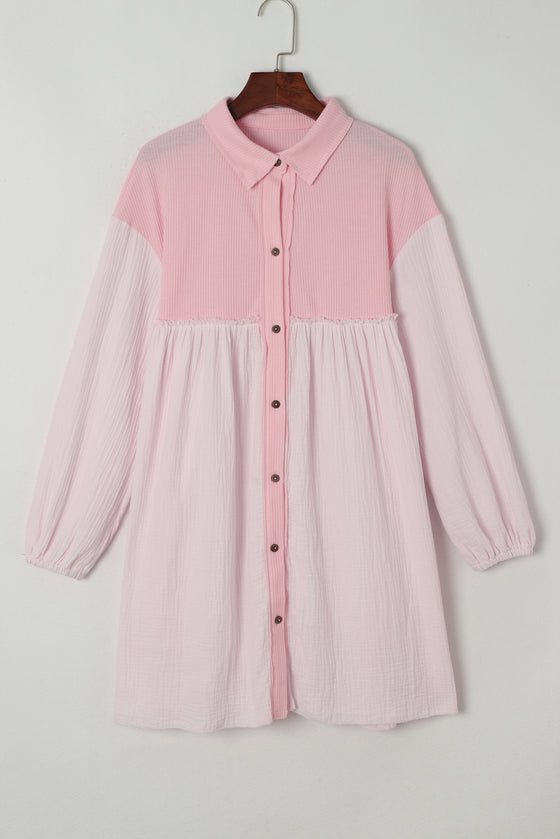 PACK6117009-10-1, Pink Patchwork Crinkle Puff Sleeve Shirt Dress