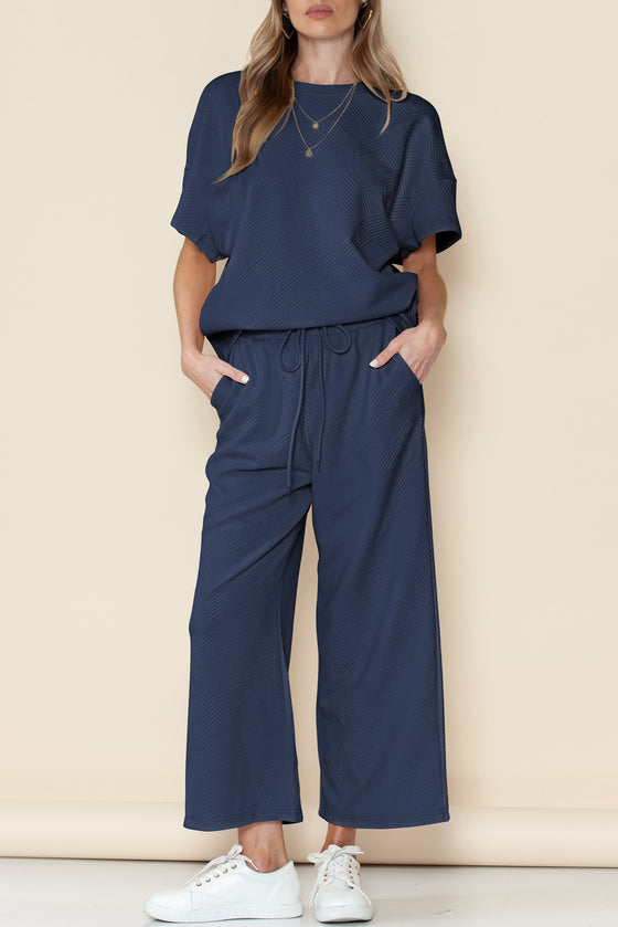 PACK625264-P605-1, PACK625264-P605-2, Navy Blue Textured Loose Fit T Shirt And Drawstring Pants Set