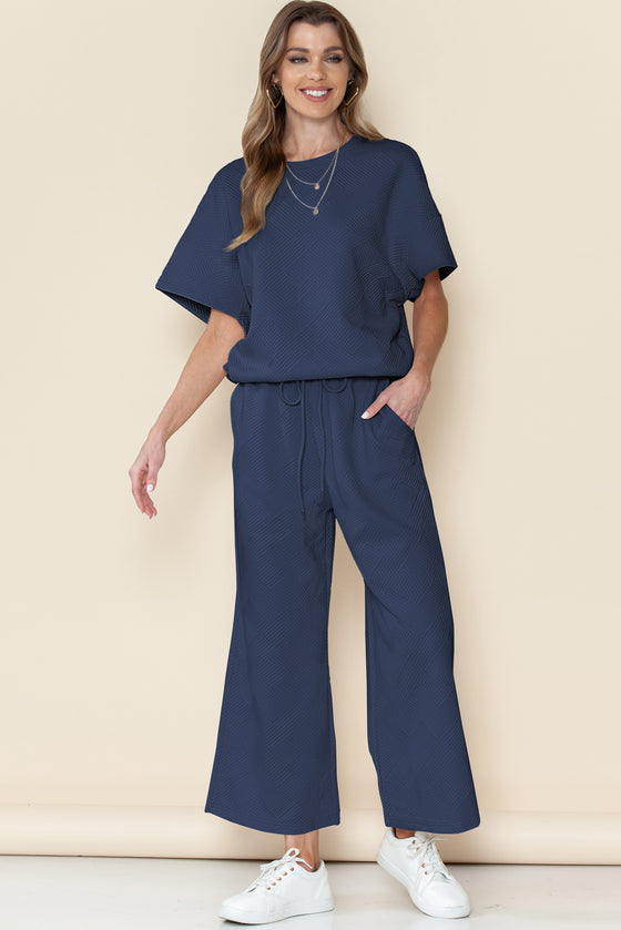 PACK625264-P605-1, PACK625264-P605-2, Navy Blue Textured Loose Fit T Shirt And Drawstring Pants Set