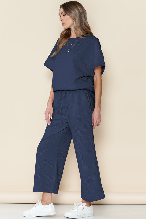 PACK625264-P605-1, PACK625264-P605-2, Navy Blue Textured Loose Fit T Shirt And Drawstring Pants Set