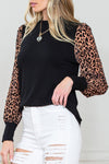 PACK25123292-2-2, Black Leopard Print Long Sleeve Ribbed Knit Blouse