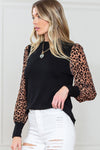 PACK25123292-2-2, Black Leopard Print Long Sleeve Ribbed Knit Blouse