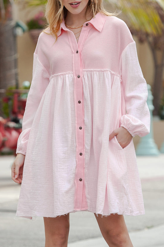 PACK6117009-10-1, Pink Patchwork Crinkle Puff Sleeve Shirt Dress