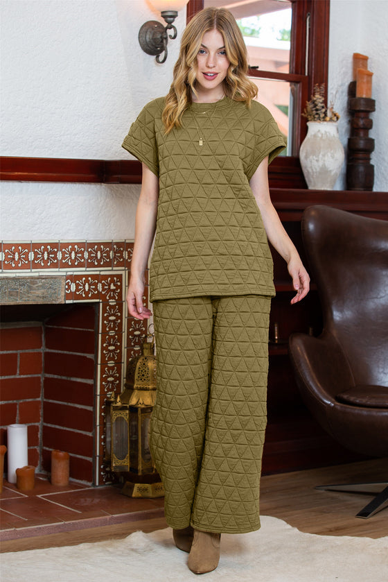 PACK625346-P909-1, Sage Green Quilted Short Sleeve Wide Leg Pants Set