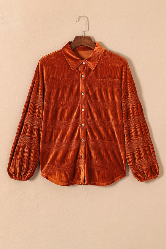 PACK2553512-17-1, Brown Solid Color Textured Velvet Button Up Shirt