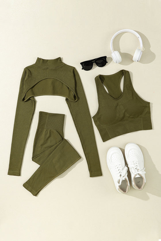LC264430-9-S, LC264430-9-M, LC264430-9-L, PACK264430-9-1, Green  Mock Neck Cropped High Waist Three Piece Yoga Set